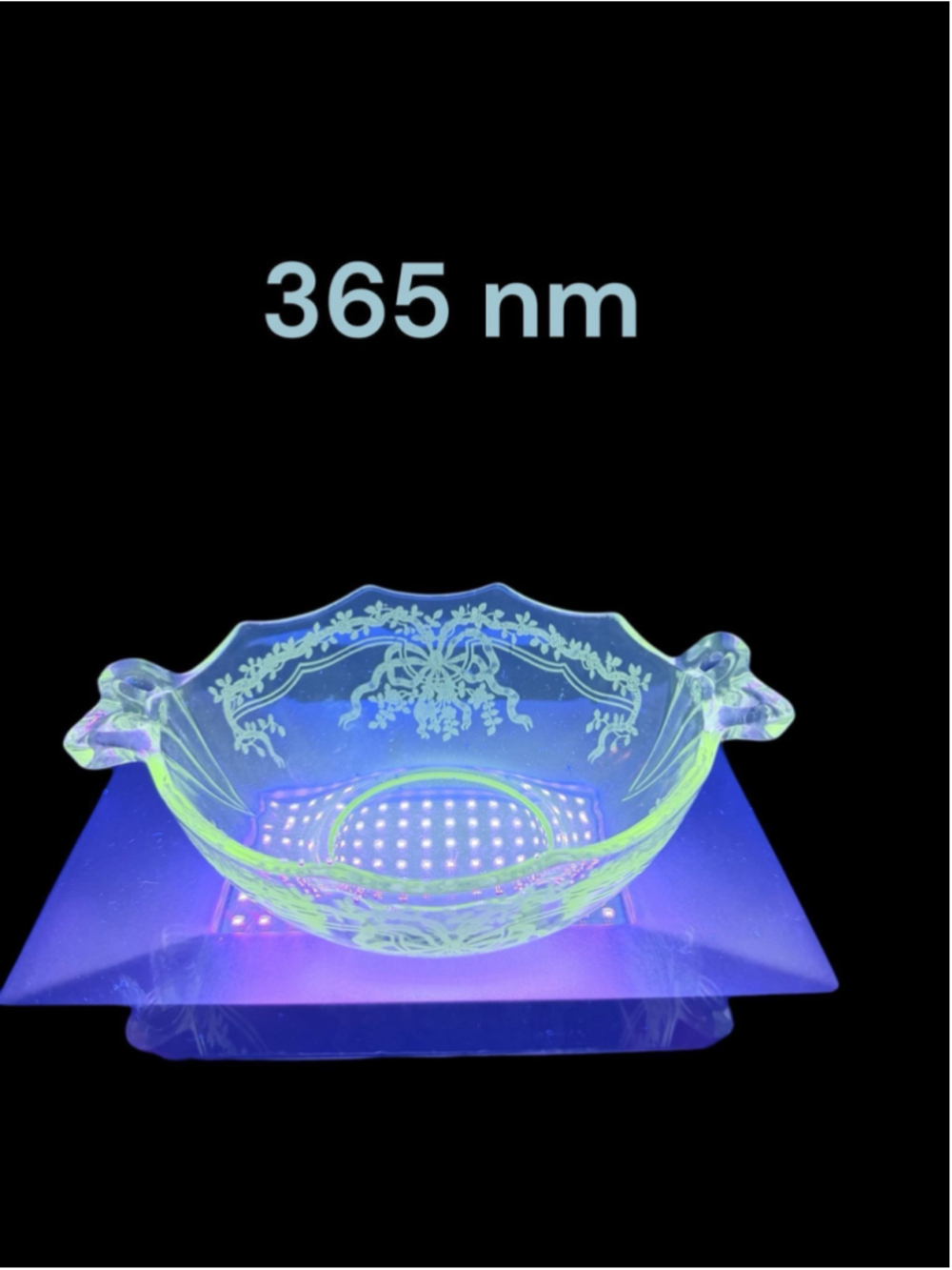 Depression Era Uranium Glass Etched Ribbon Bow Bonbon Dish w/ Handles 6.75” UV G